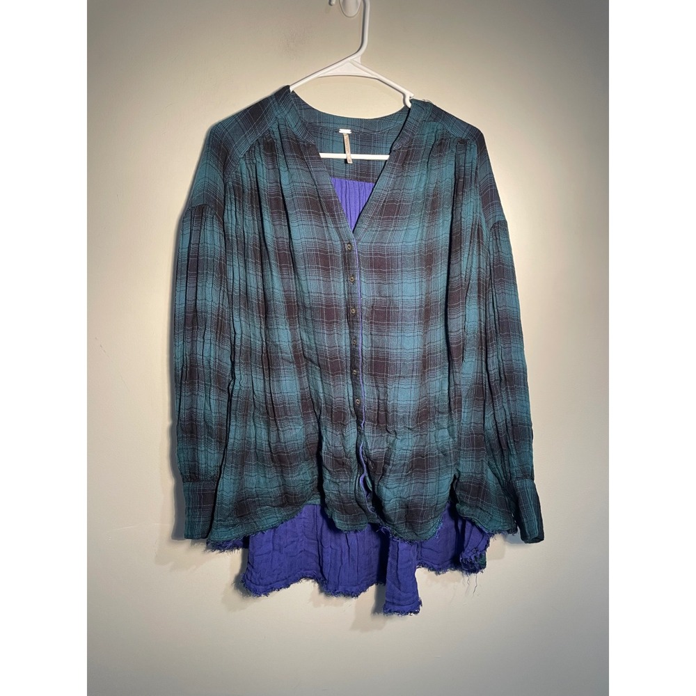 Free People Come On Over Top Green Plaid Button Front Oversized Top Size XS